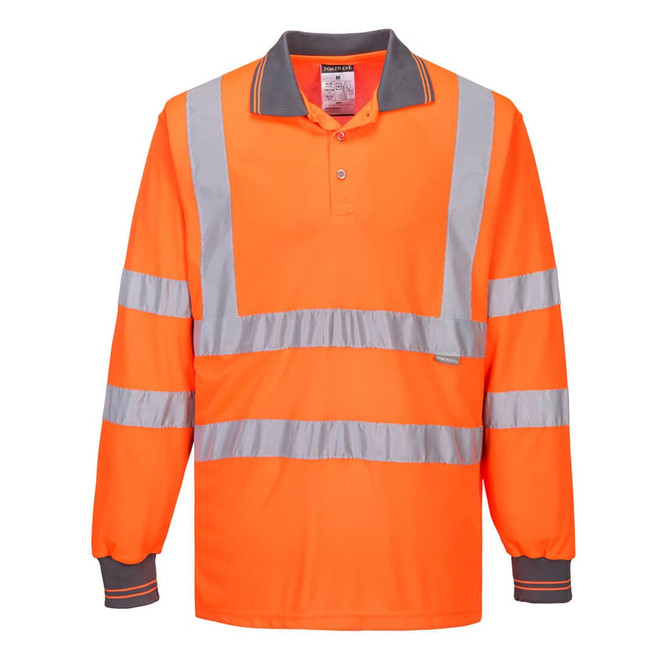 A long-sleeve high-visibility polo shirt in bright orange with reflective stripes and a collar, featuring a logo.