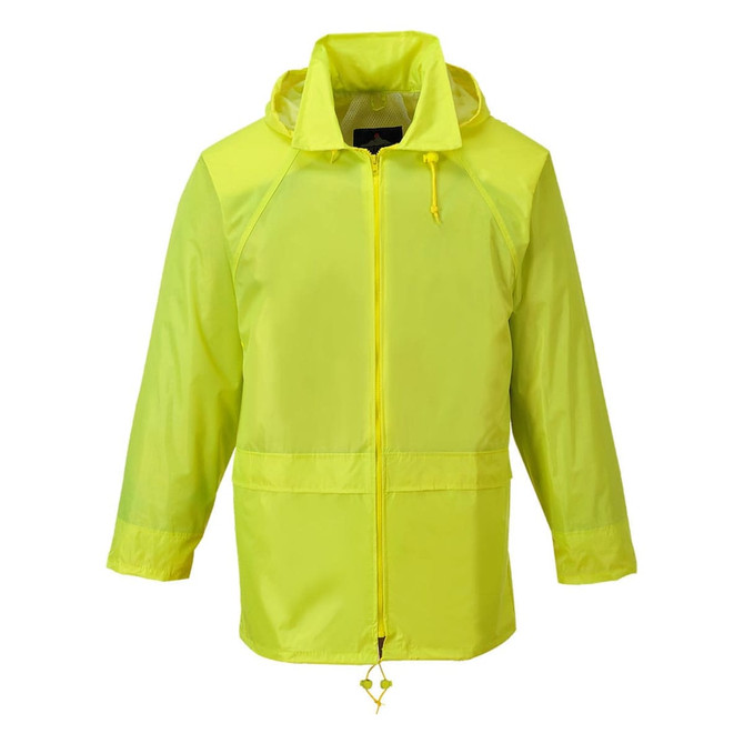 A bright yellow rain jacket with a hood and zipper front. It features long sleeves and a logo on the chest.