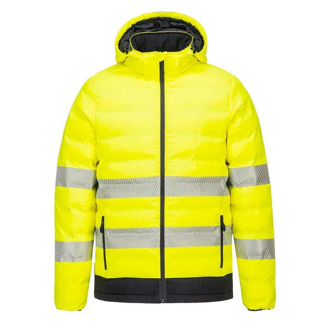 A bright yellow heated tunnel jacket with reflective stripes, featuring a hood and zip front. It has a logo on the chest.