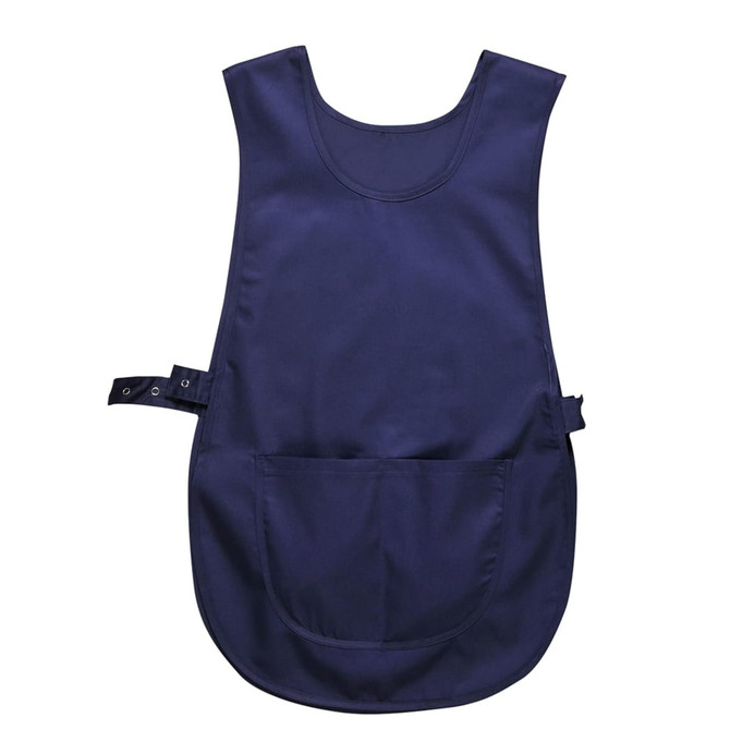 Navy tabard with a pocket, featuring adjustable side strap and smooth fabric. Includes a logo.