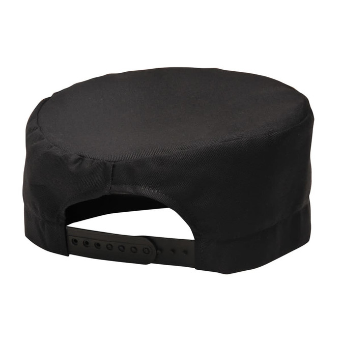 A black chef's skull cap with a flat top and adjustable strap at the back, featuring a logo.