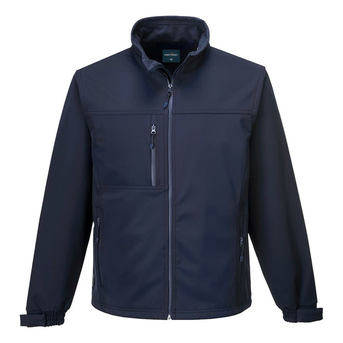 A navy soft shell jacket featuring a zip front, zip pockets, and a collar. It has a subtle logo.