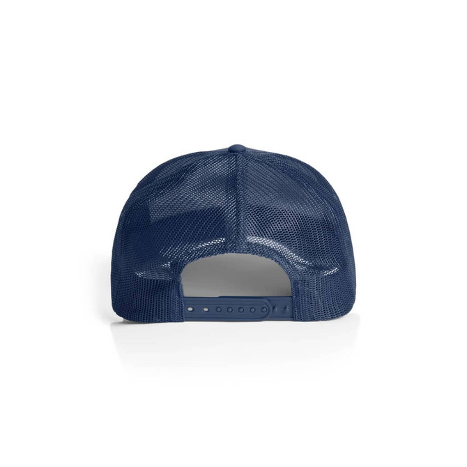 A navy mesh trucker cap featuring a plastic adjustable strap at the back and a branded logo.