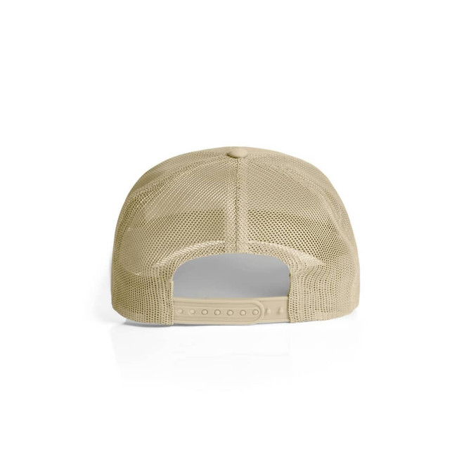 A beige mesh trucker cap featuring a snapback closure and a breathable mesh design at the back.