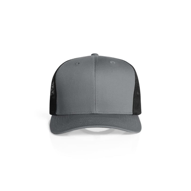 A grey trucker cap with black mesh panels and a structured front. It features a logo on the front.