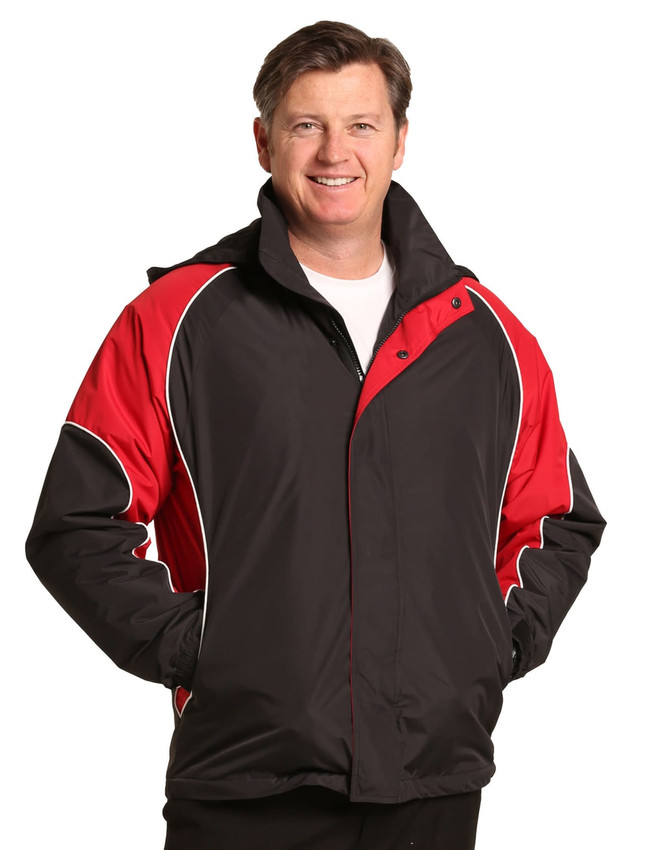 A unisex jacket in black and red with white piping, featuring a hood and a logo.