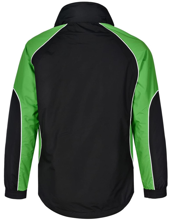 A black and green men's contrast jacket featuring a collar and sporty design, with a logo on the back.