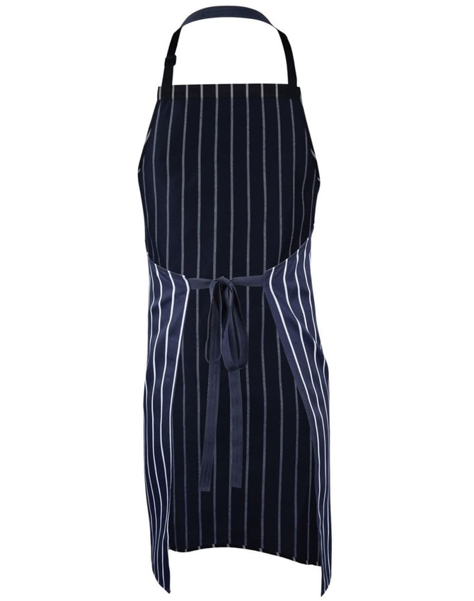 A navy blue butcher's apron featuring vertical stripes and a tie at the waist. It has a logo.