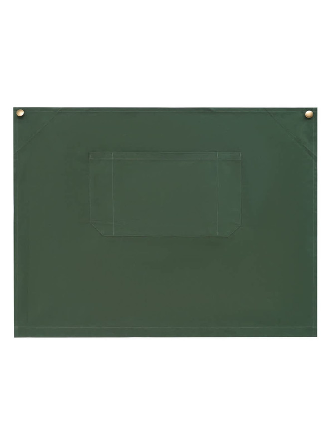 A green canvas short waist apron featuring a front pocket and two attachment buttons.