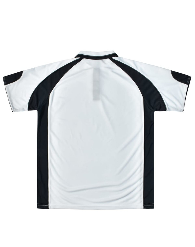 A men's polo shirt in white and black, featuring a logo on the back and a classic collar design.