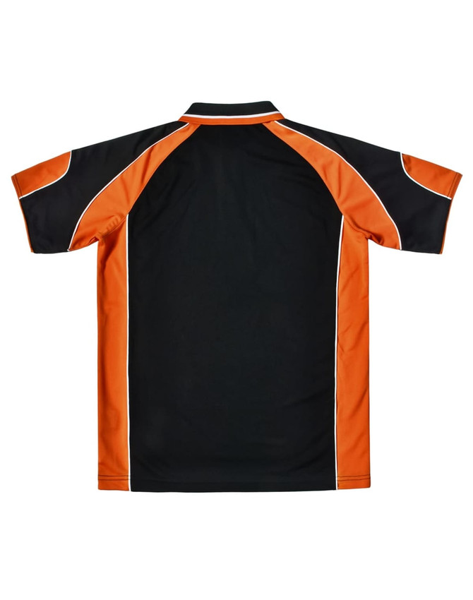 A men's polo shirt featuring black and orange panels, with a logo on the front. Back view displayed.