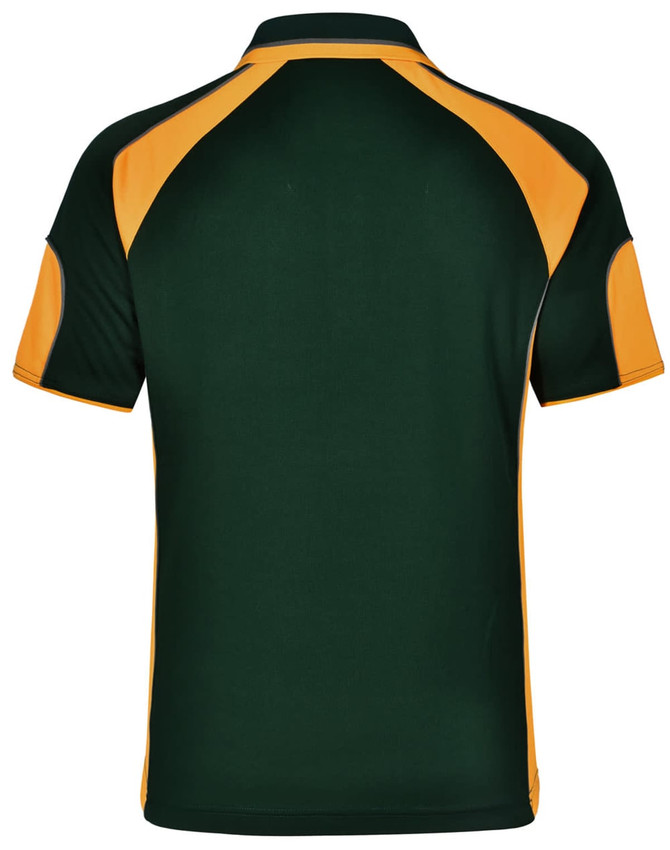 A polo shirt featuring a dark green body with yellow accents and a logo on the back.