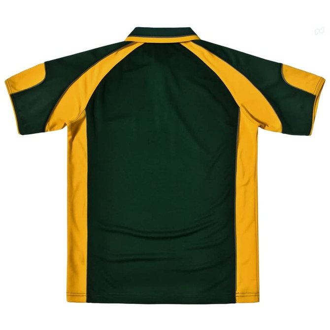 A polo shirt featuring a green and yellow design, with a logo on the back.