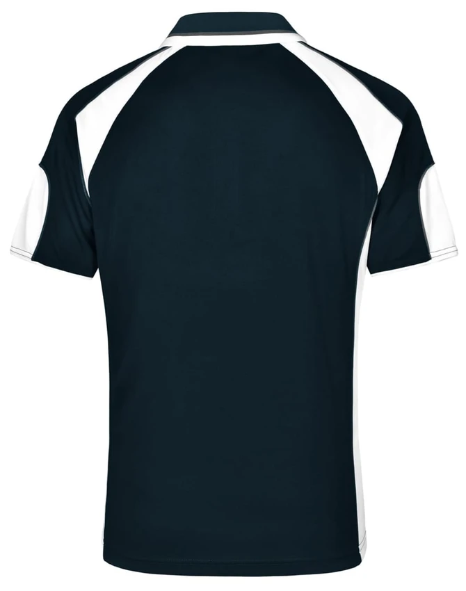 A men's polo shirt in navy with white detailing and a logo on the back.