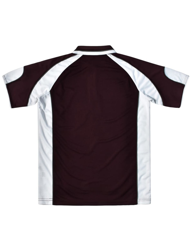 A brown and white polo shirt featuring a logo, with contrasting panels on the shoulders and sleeves.