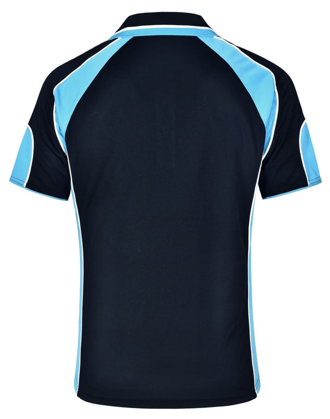 A navy blue polo shirt with light blue accents and a logo on the back.