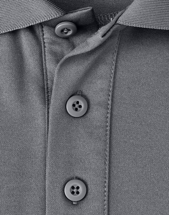 A men's sustainable poly/cotton polo shirt in grey with a three-button placket and a logo.