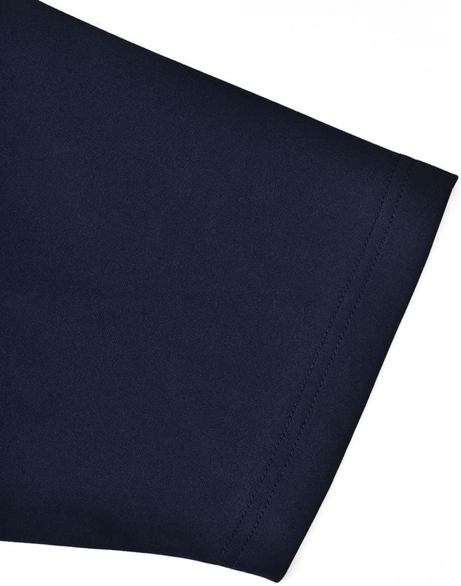 A close-up of a navy blue short-sleeve polo shirt with a smooth fabric texture and a stitched hem.