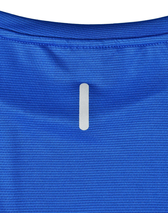 A blue men's short-sleeve performance T-shirt with a subtle logo detail on the back.
