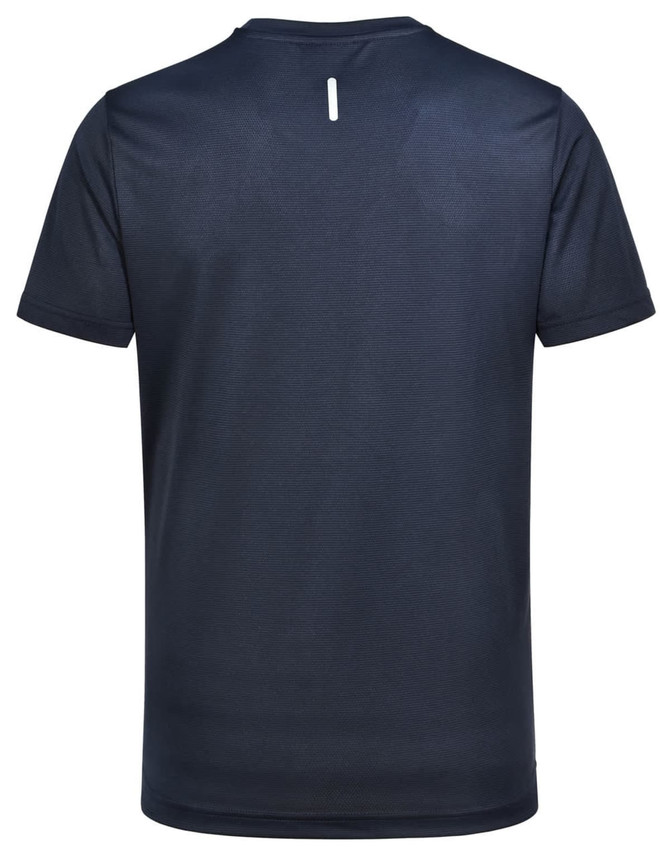 A men's short-sleeve performance tee in navy blue, featuring a logo on the back. Lightweight design suitable for activewear.