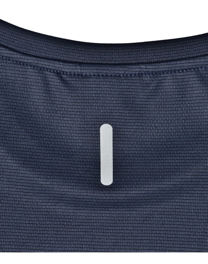 A navy blue men's short-sleeve performance tee featuring a logo and textured fabric on the back.