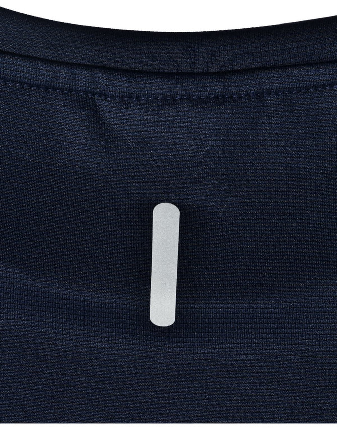 A navy blue short-sleeve performance tee featuring a logo on the back collar.