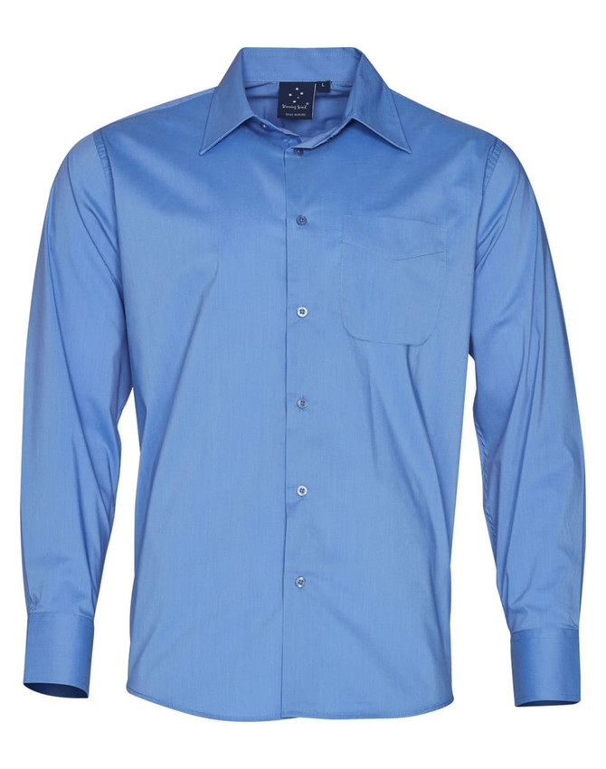 A blue button-up shirt with long sleeves and a front pocket, featuring a collar and a logo on the label.