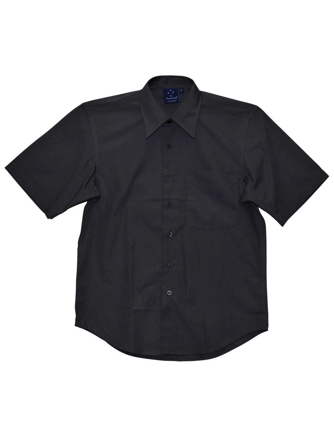 A short sleeve black button-up shirt featuring a chest pocket and a logo on the collar.
