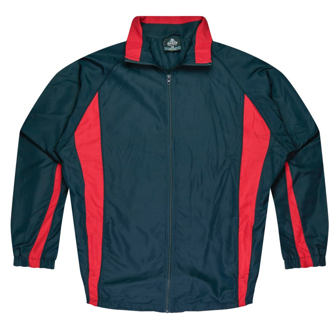 A dark green track top with red stripes on the sides, featuring a zip front and a collar. It has a logo.