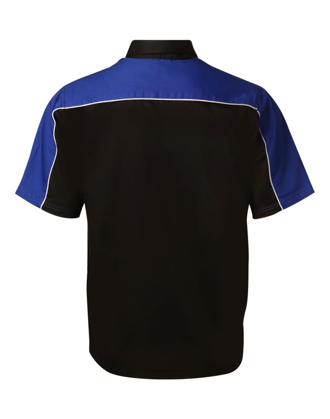 Men's button-up shirt in black with blue and white detailing; features a logo.