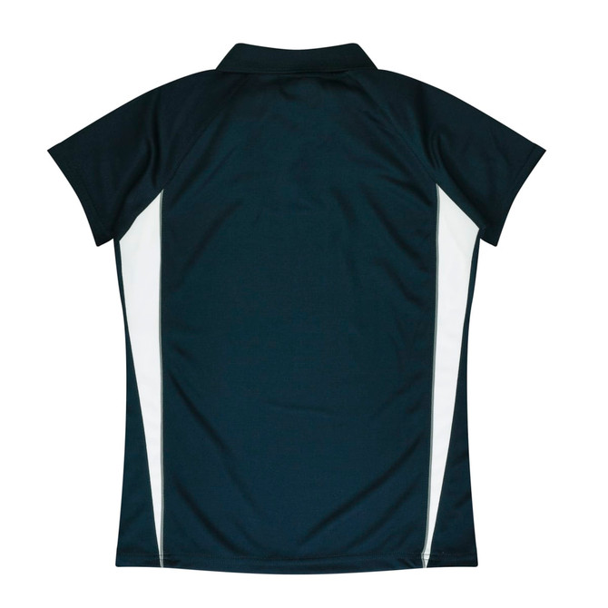 A dark navy polo shirt with white panels on the sides and a short collar. The shirt has a logo on it.