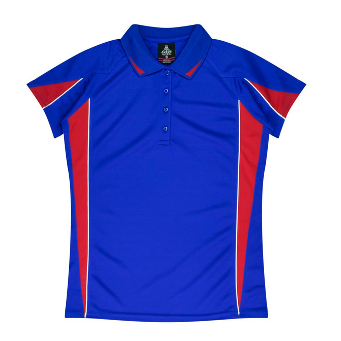 A blue polo shirt with red and white accents, featuring a collar and a button-up front. It has a logo on the label.
