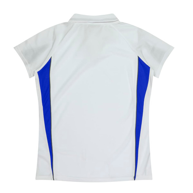 A white polo shirt featuring blue side panels and a collar, with a logo on the design.