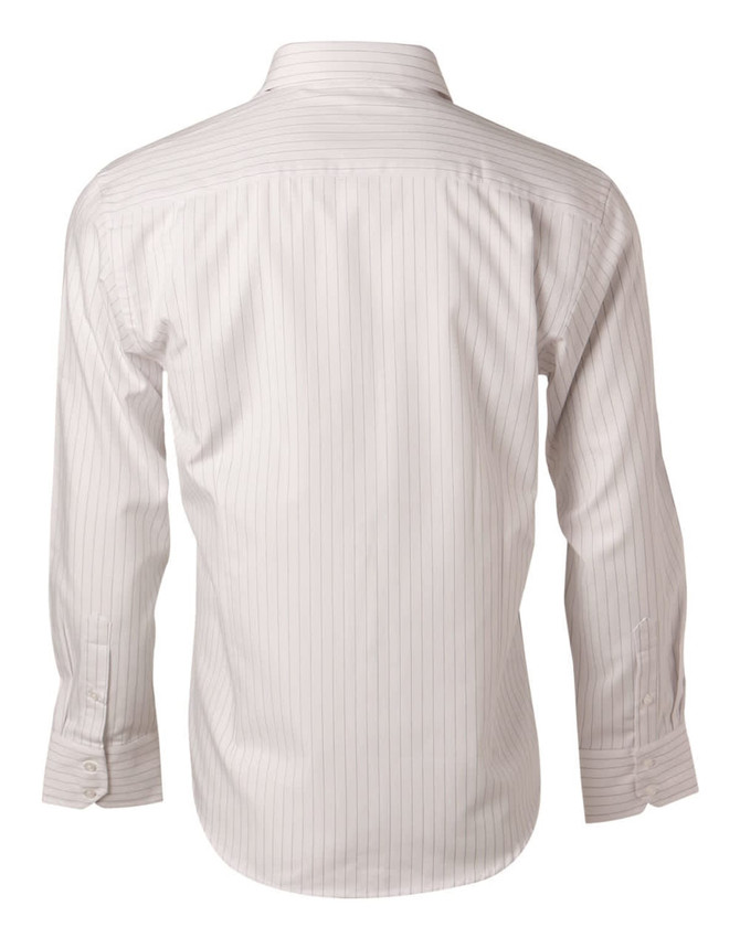 A white long-sleeve button-up shirt with vertical stripes, featuring a basic collar and buttoned cuffs.