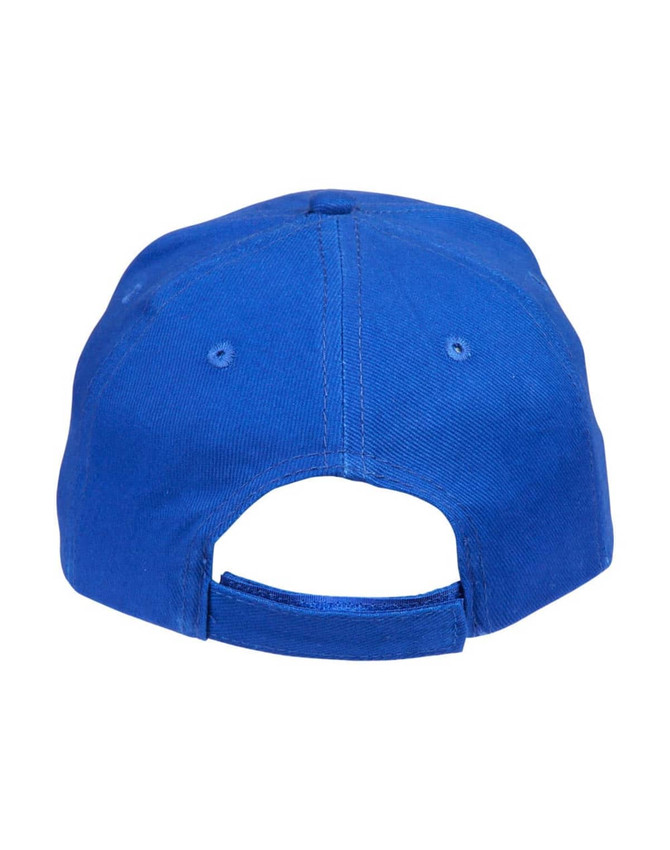 A blue heavy brushed cotton cap featuring a rear adjustable strap and ventilation holes. It includes a logo.