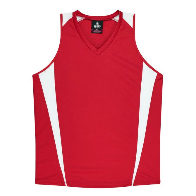 A red singlet with white panels on the sides and a V-neck design. The singlet features a logo.