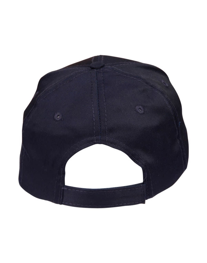 A navy blue polycotton twill cap featuring a back strap and ventilation holes. It has a branded logo.