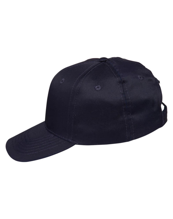 A navy polycotton twill cap with a curved brim and an adjustable strap at the back. Features a logo on the front.