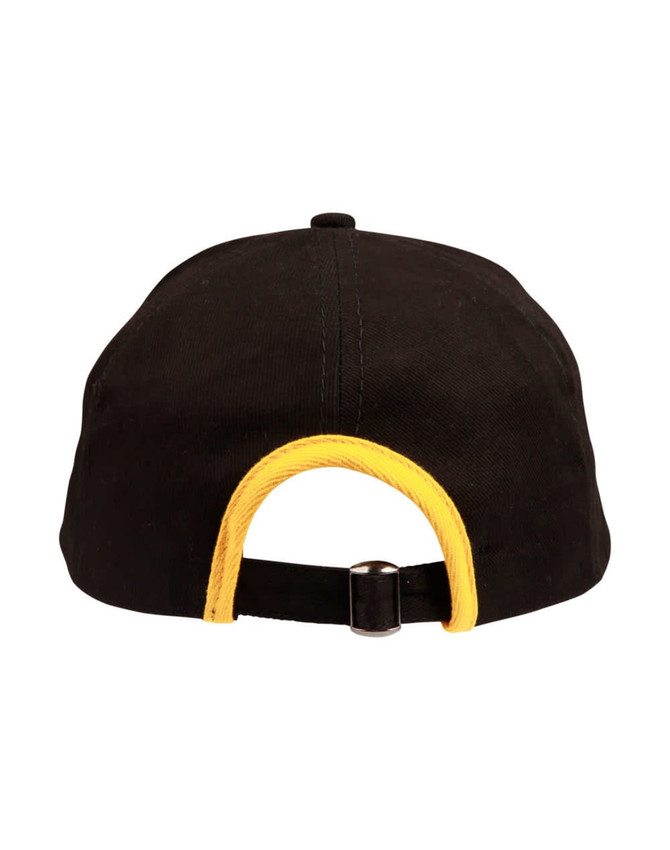 A black cap with a yellow trim at the back, featuring an adjustable strap and a logo.
