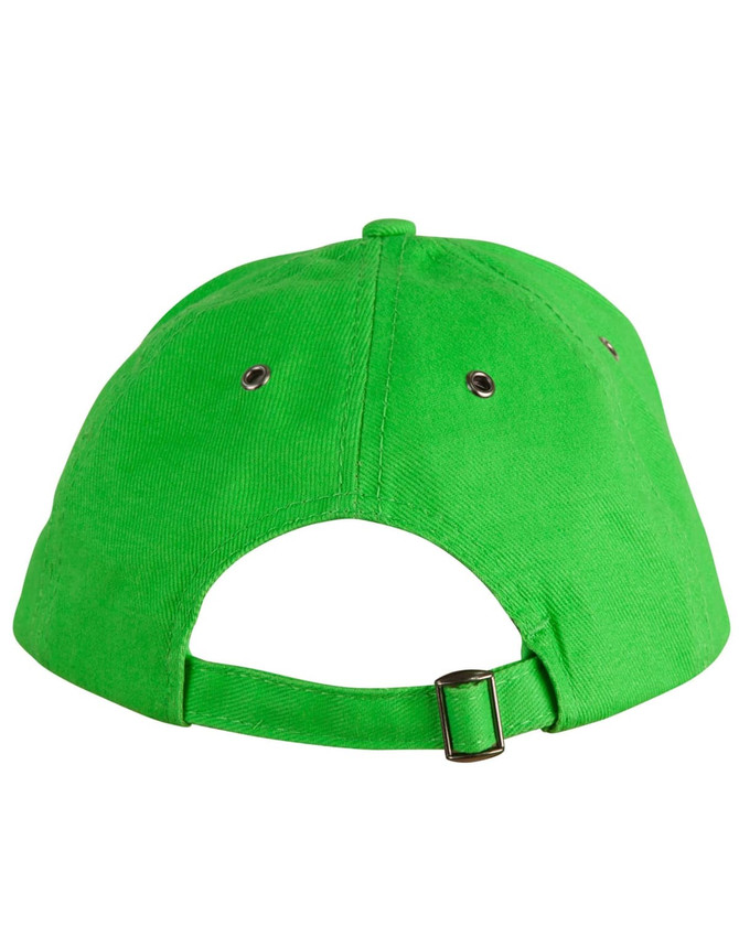 A green cap with a curved peak and adjustable strap at the back. It features a logo.