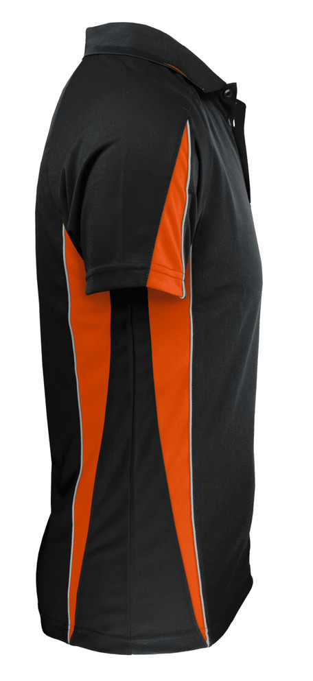 A black and orange polo shirt with short sleeves and a collar, featuring side stripe details.