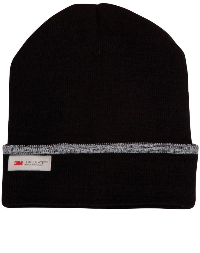 A black Thinsulated cuff beanie with a reflective band and a branding tag.