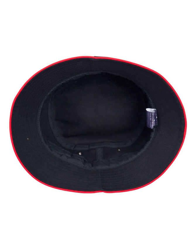 A black bucket hat with a red contrast brim and interior. The hat features a label inside.