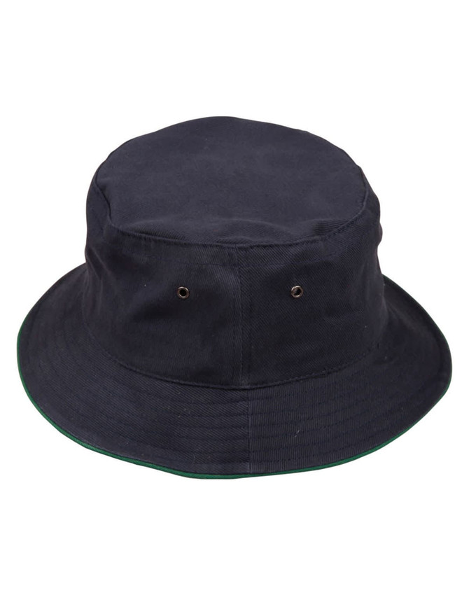 A navy bucket hat with a contrast trim, featuring metal eyelets for ventilation and a simple design.