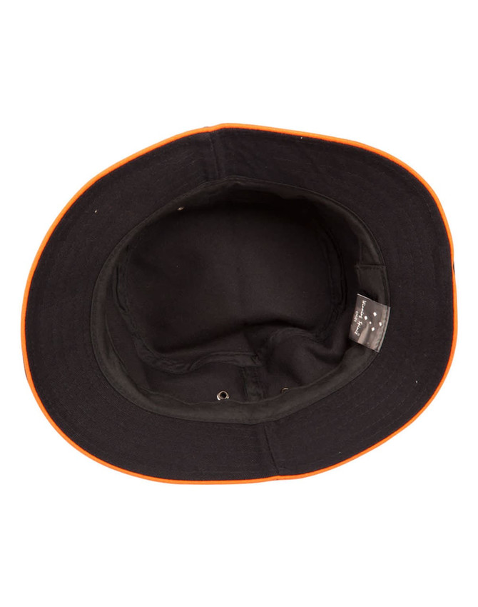 A black bucket hat with an orange contrast trim, featuring a branded tag inside.