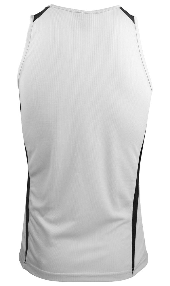 A white singlet with black side panels, featuring a logo on the back.