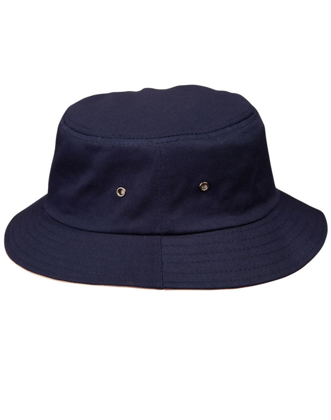 A navy blue bucket hat with a wide brim and two metallic vents on the sides. It has a simple design and a logo.