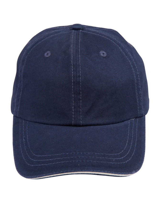A navy blue washed polo sandwich cap with a curved brim and stitched detailing. It features a logo on the front.