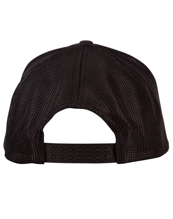 A black cap with a mesh design and adjustable strap at the back, featuring a logo.
