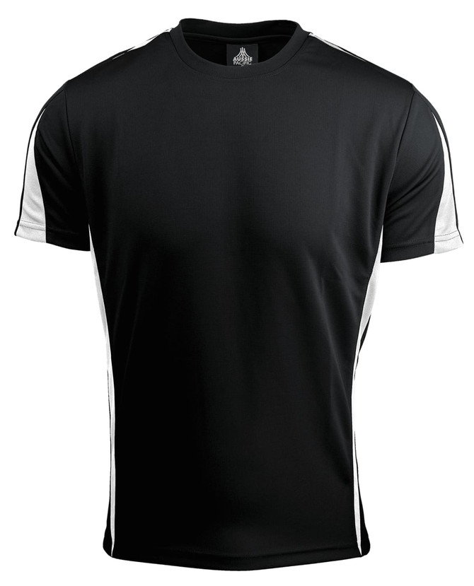 A black t-shirt with white side panels and a logo on the neckline. Suitable for casual wear.